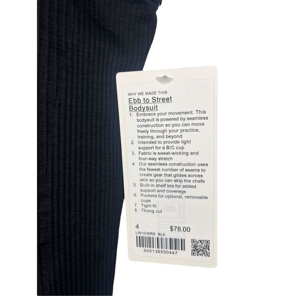 Lululemon Women’s 4 Ebb to Street Bodysuit Black Ribbed Shelf Bra NEW - Picture 2 of 5